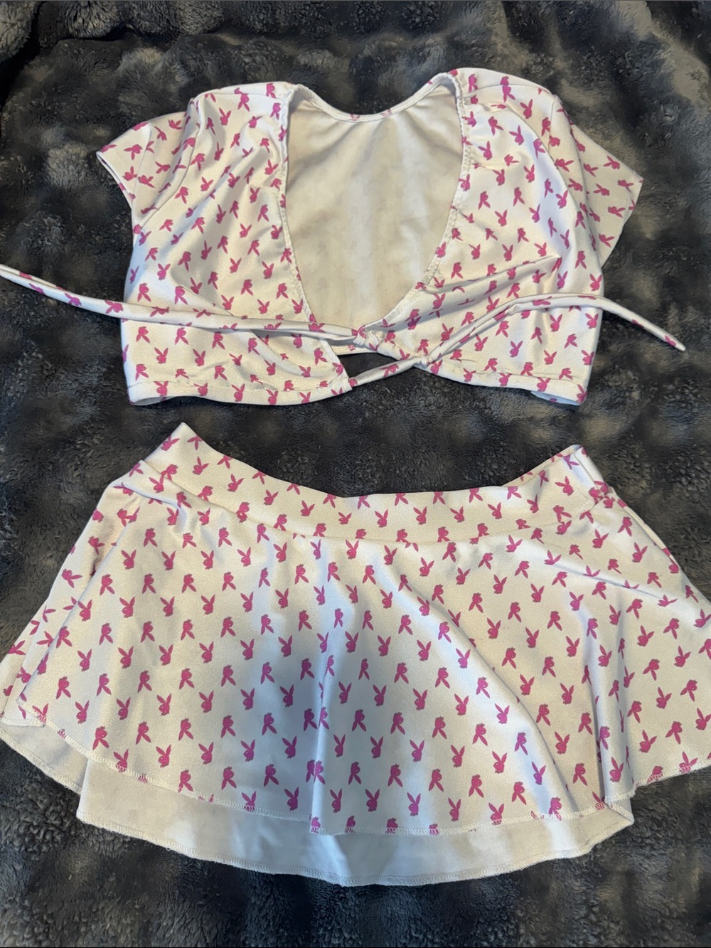 Playboy White Two-Piece Skirted Swim Set with Pink Bow Print
